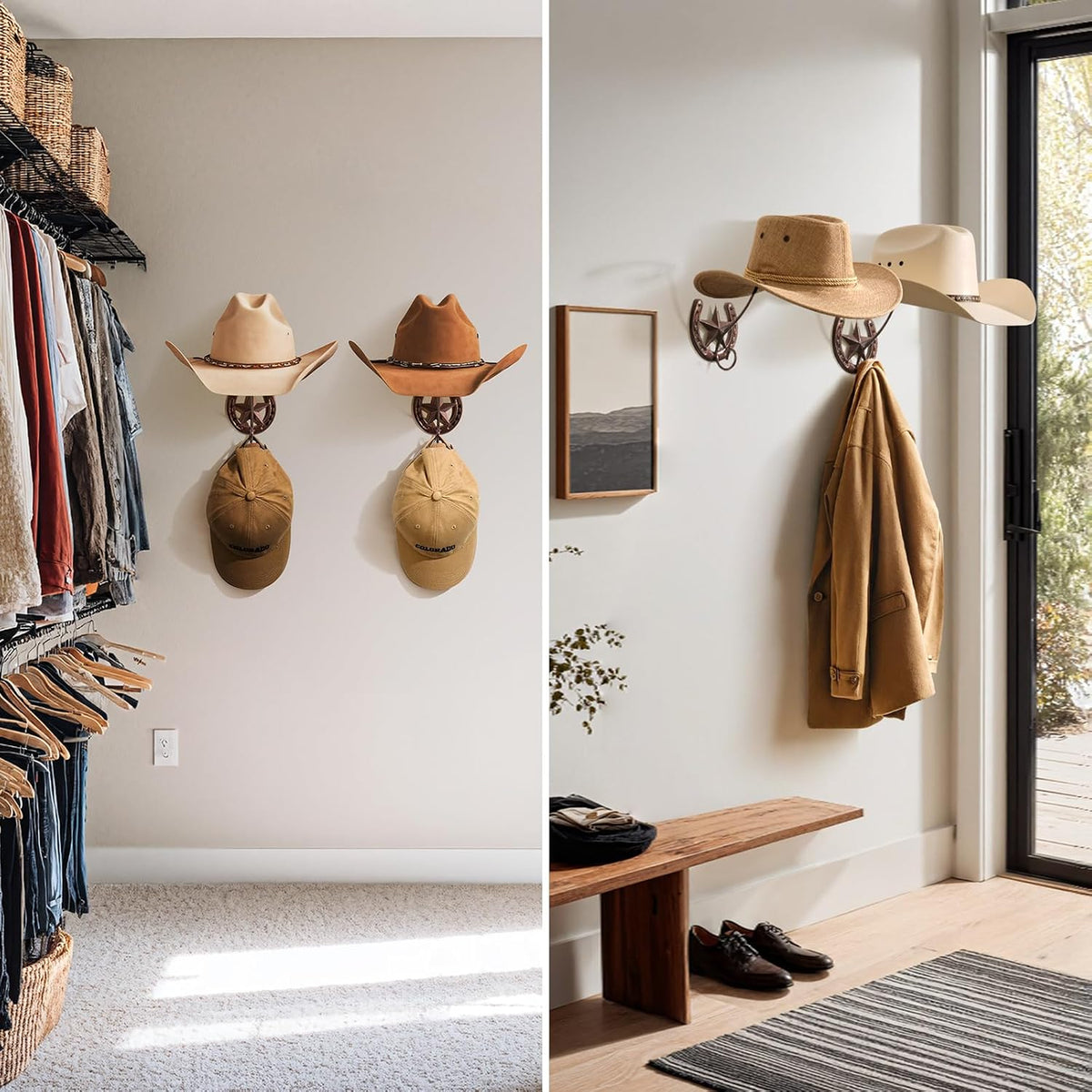 Cowboy Hat Rack for Wall Rustic Metal Cowboy Hat Holder 2 Pack Hat Hanger Western Wall Decor Horseshoe Hooks Storage Display Closet Bedroom Living Room Western Gift Antique Bronze