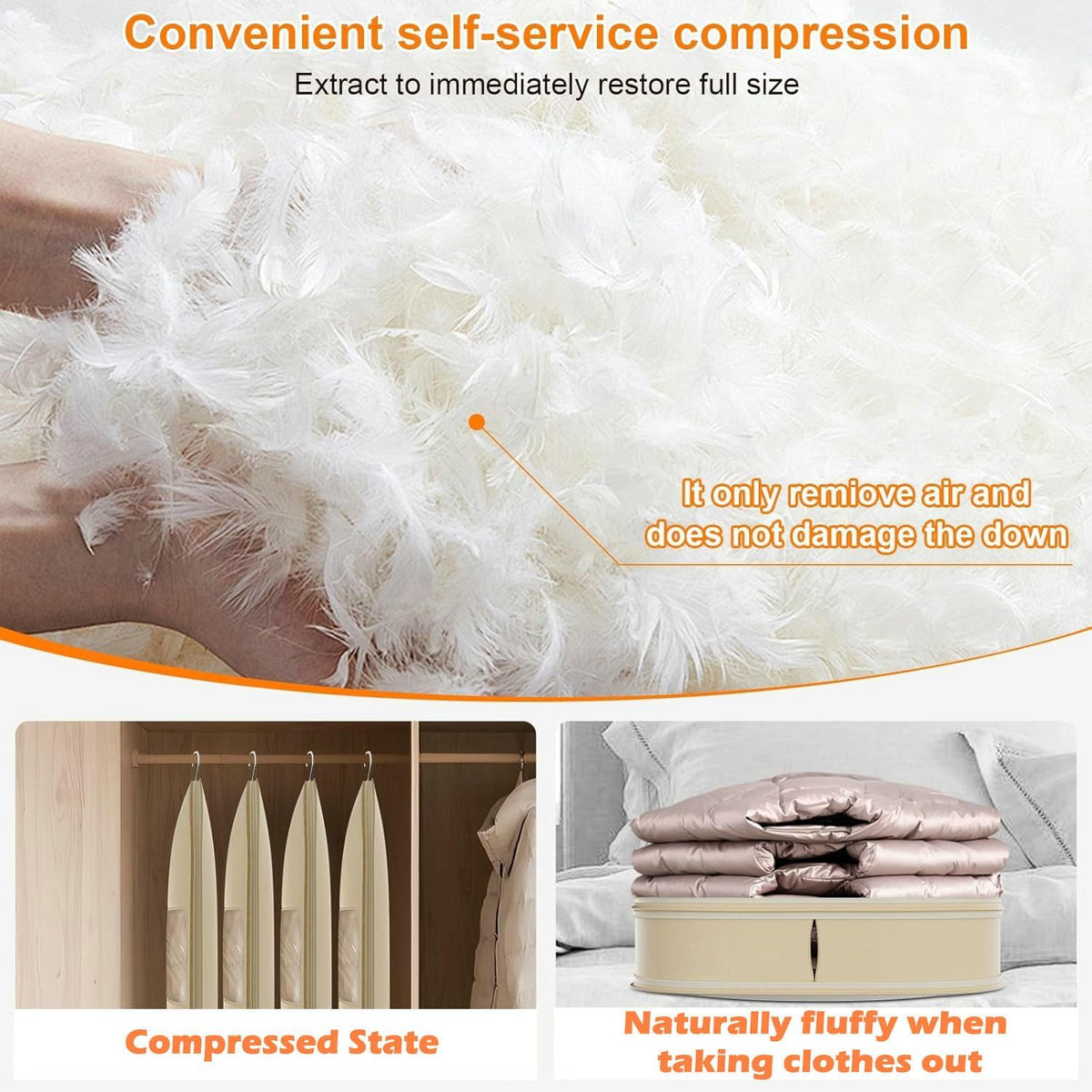Space Saving Hanging Garment Bag with Self Compression Zipper, New Update Space Saver Clothes Storage Organizer, Dust Cover Clothes Bags for Down Coat Suit Dress or Jacket (Beige, L)