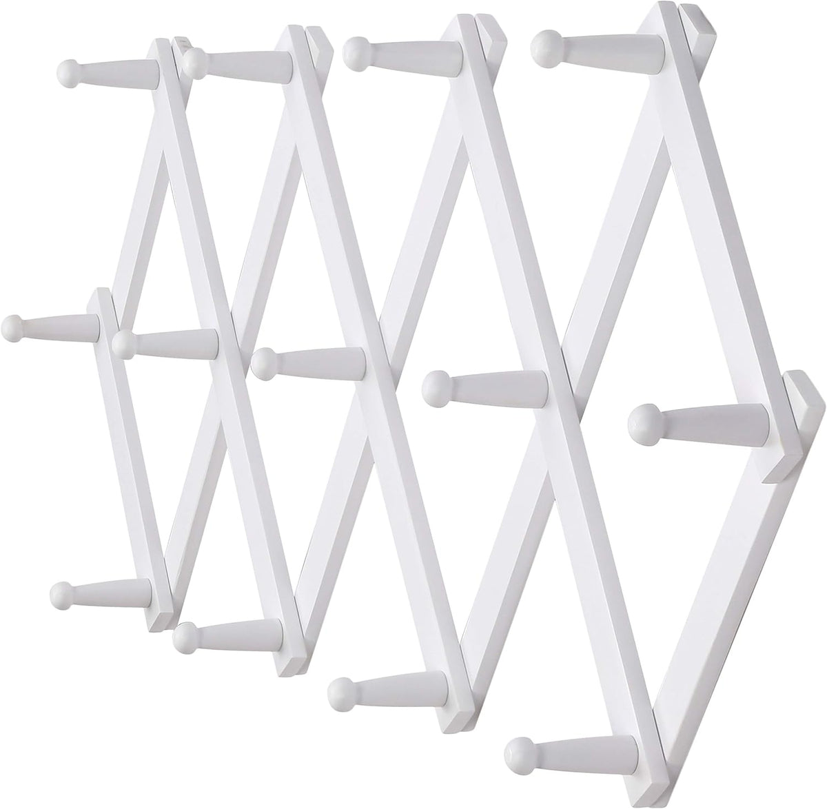 Dseap Accordian Wall Hanger: 16” High Wooden Wall Expandable Coat Rack, Hat Rack Holder, Accordion Hook for Baseball Caps, Coats, Mugs, 13 Peg Hooks, White
