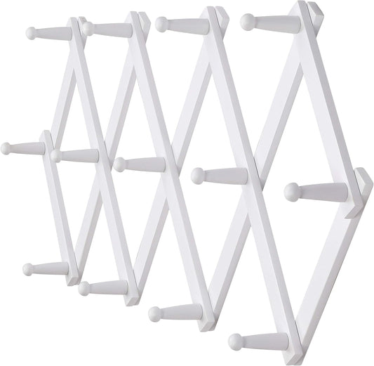 Dseap Accordian Wall Hanger: 16” High Wooden Wall Expandable Coat Rack, Hat Rack Holder, Accordion Hook for Baseball Caps, Coats, Mugs, 13 Peg Hooks, White
