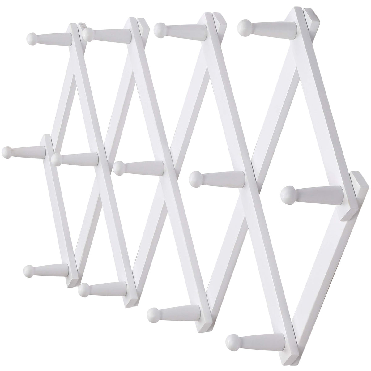 Dseap Accordian Wall Hanger: 16” High Wooden Wall Expandable Coat Rack, Hat Rack Holder, Accordion Hook for Baseball Caps, Coats, Mugs, 13 Peg Hooks, White