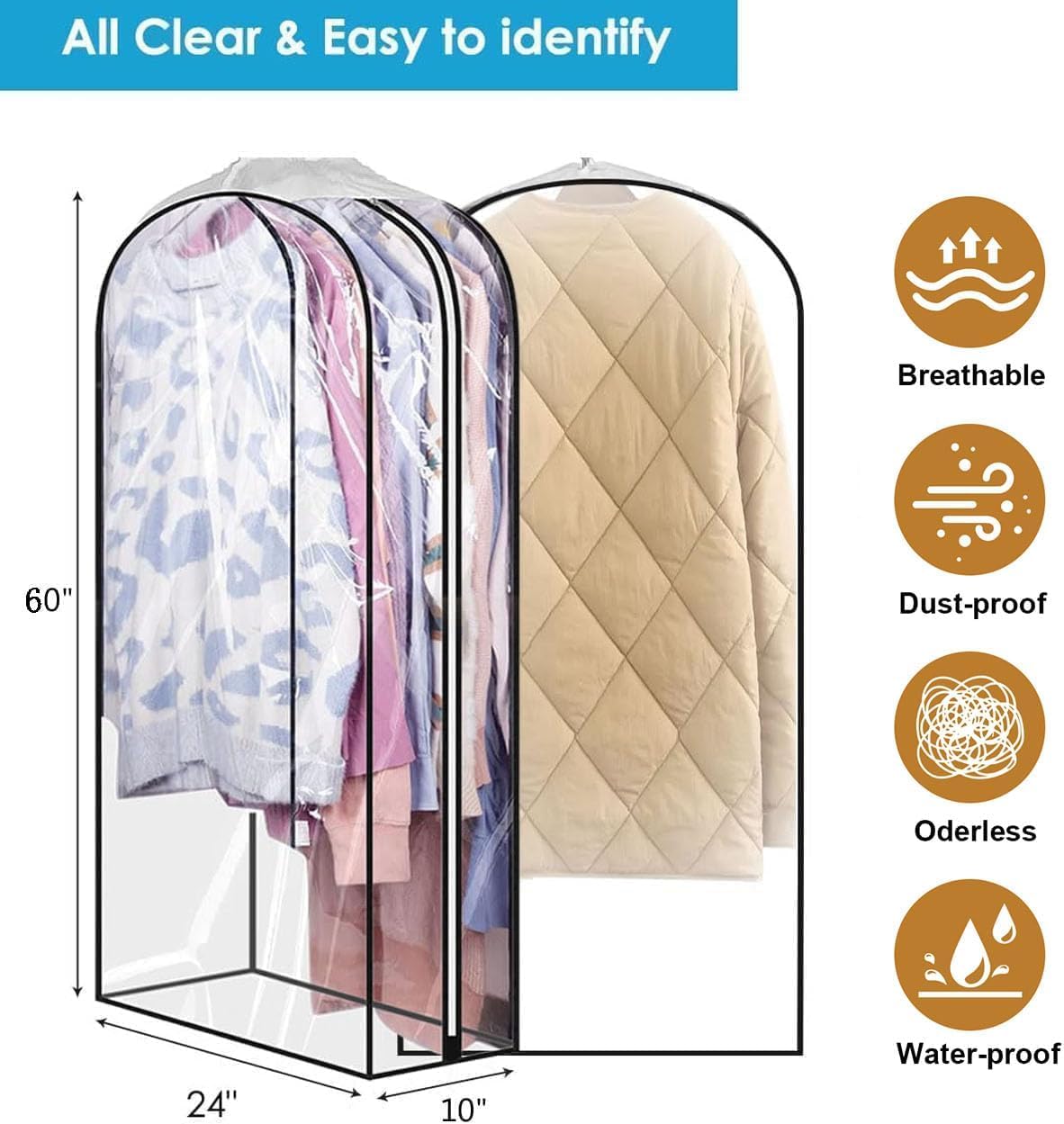 60" Clear Clothes Hangers with Smooth Side Zipper, 10" Gusseted Waterproof Garment Bags for Shirts, Coats, Dresses, Suits, 4 Pack
