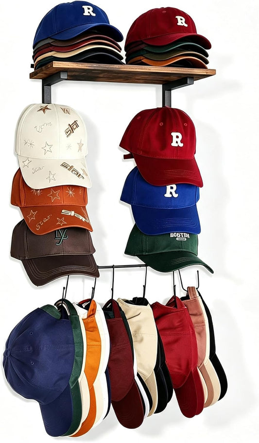 Keebofly Wall Hat Rack with Shelf, Multi-function Baseball Cap Organizer & Holder with 12 Hooks，Displays & Stores 60+ Caps, Multi-Level Wall Mount Hat Organizer Stand for Closet, Entryway, Bedroom