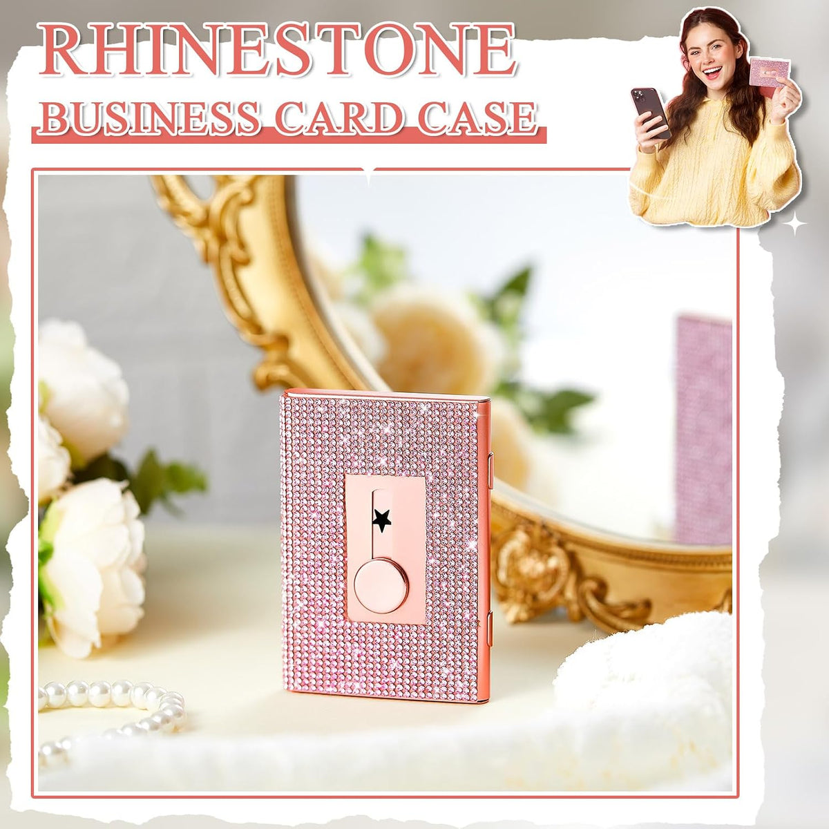 Rhinestone Business Card Holder for Women, Rose Gold