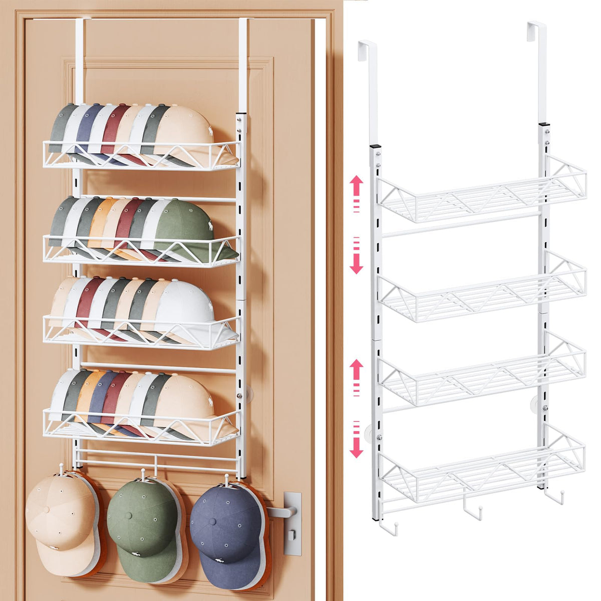 SWTYMIKI Over Door Hat Organizer - 3 Tier Wall Mounted Hat Rack with 2 Adjustable Metal Basket and 3 Hooks, Hanging Baseball Cap Organizer Storage Holds up to 29 Caps for Door, Bedroom, Closet