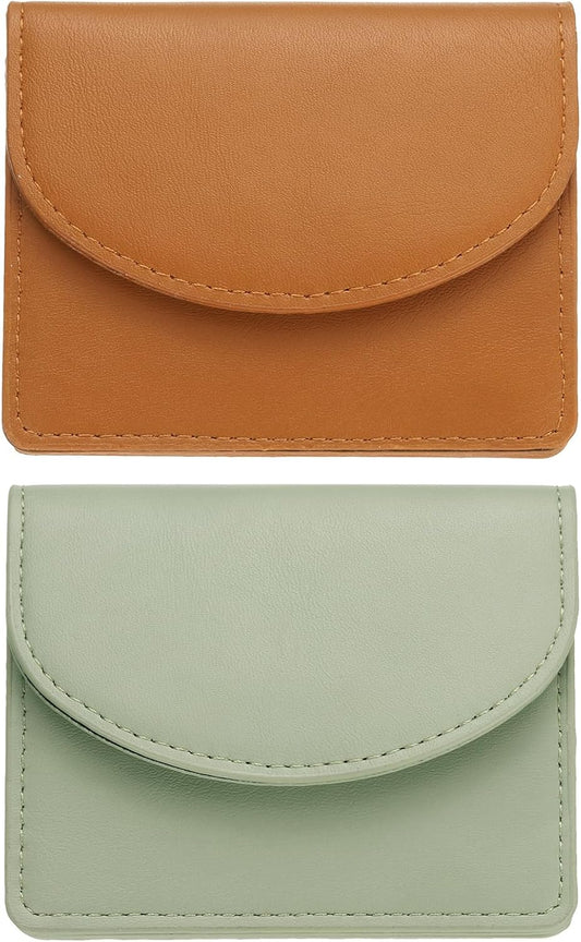 uxcell 2 Pcs Leather Business Card Case, Professional Slim Business Card Holder Business Card Holder Wallet with 3 Card Slots for Men and Women, (Light Brown/Light Green)