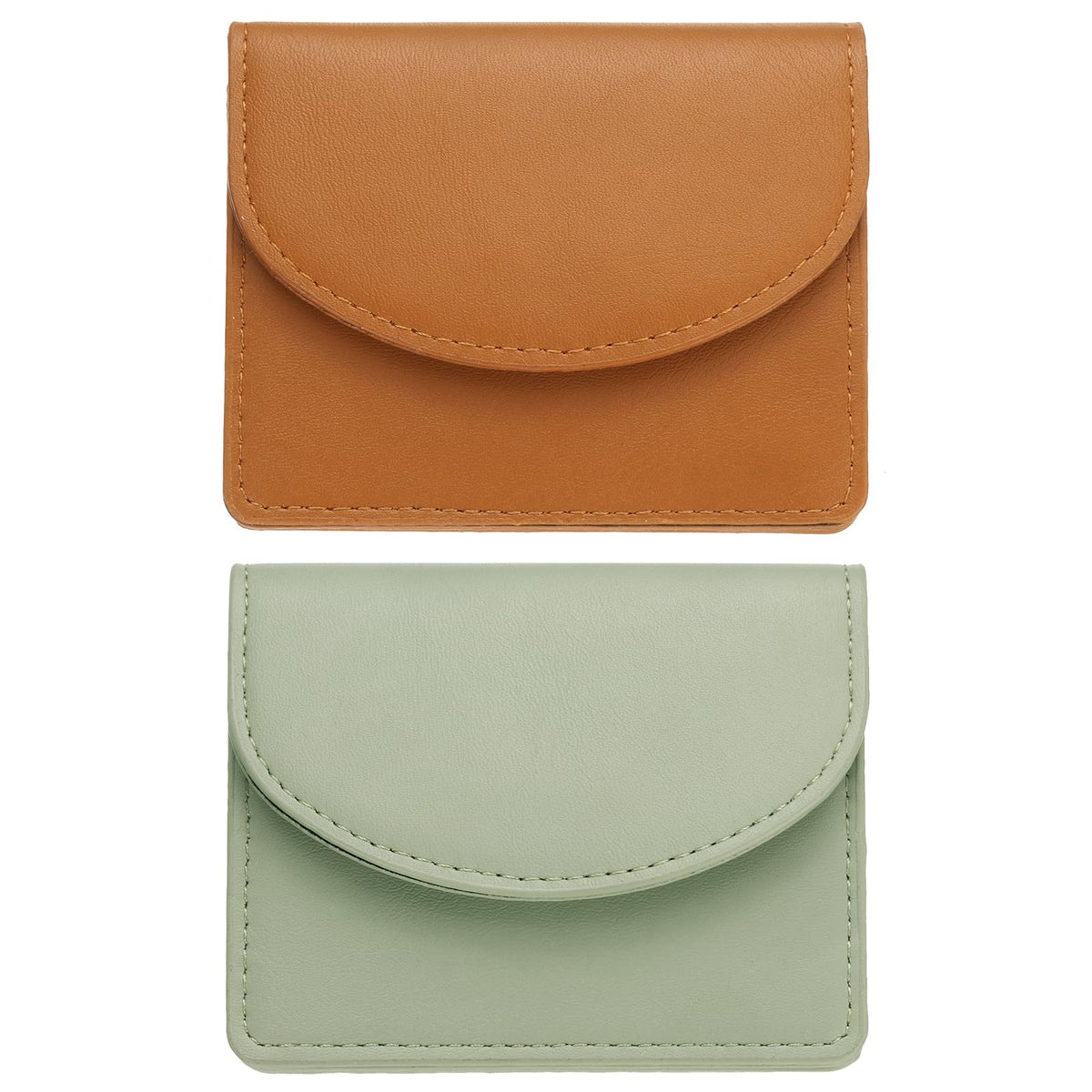 uxcell 2 Pcs Leather Business Card Case, Professional Slim Business Card Holder Business Card Holder Wallet with 3 Card Slots for Men and Women, (Light Brown/Light Green)