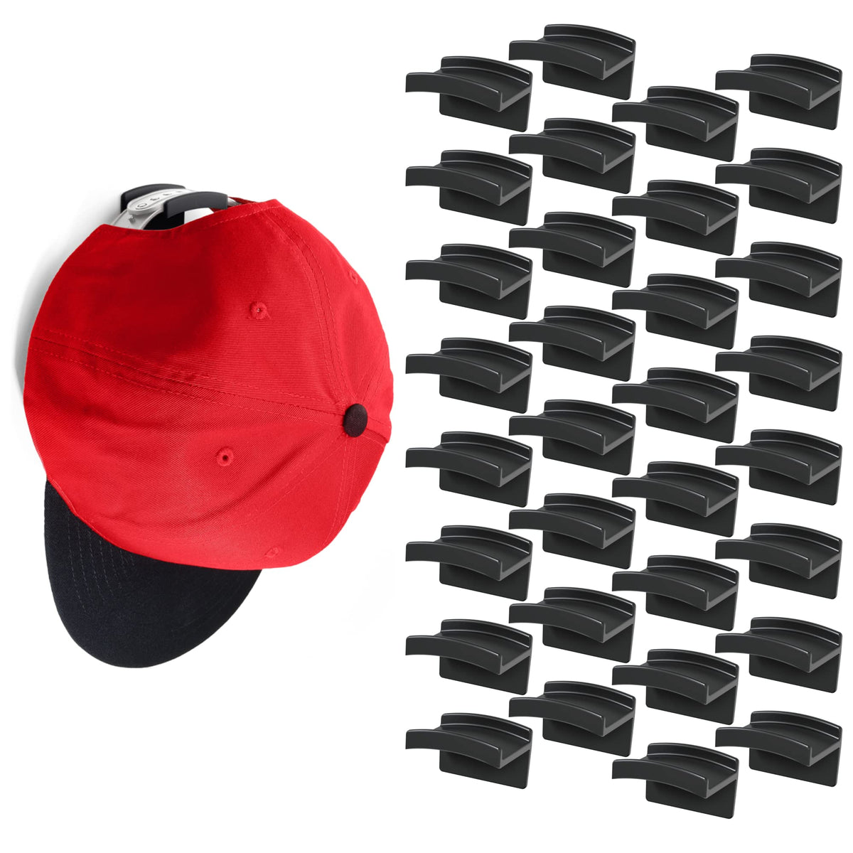 Modern JP Adhesive Hat Hooks for Wall (16-Pack) - Minimalist Hat Rack Design, No Drilling, Strong Hold Hat Hangers - USA Patented, Clear