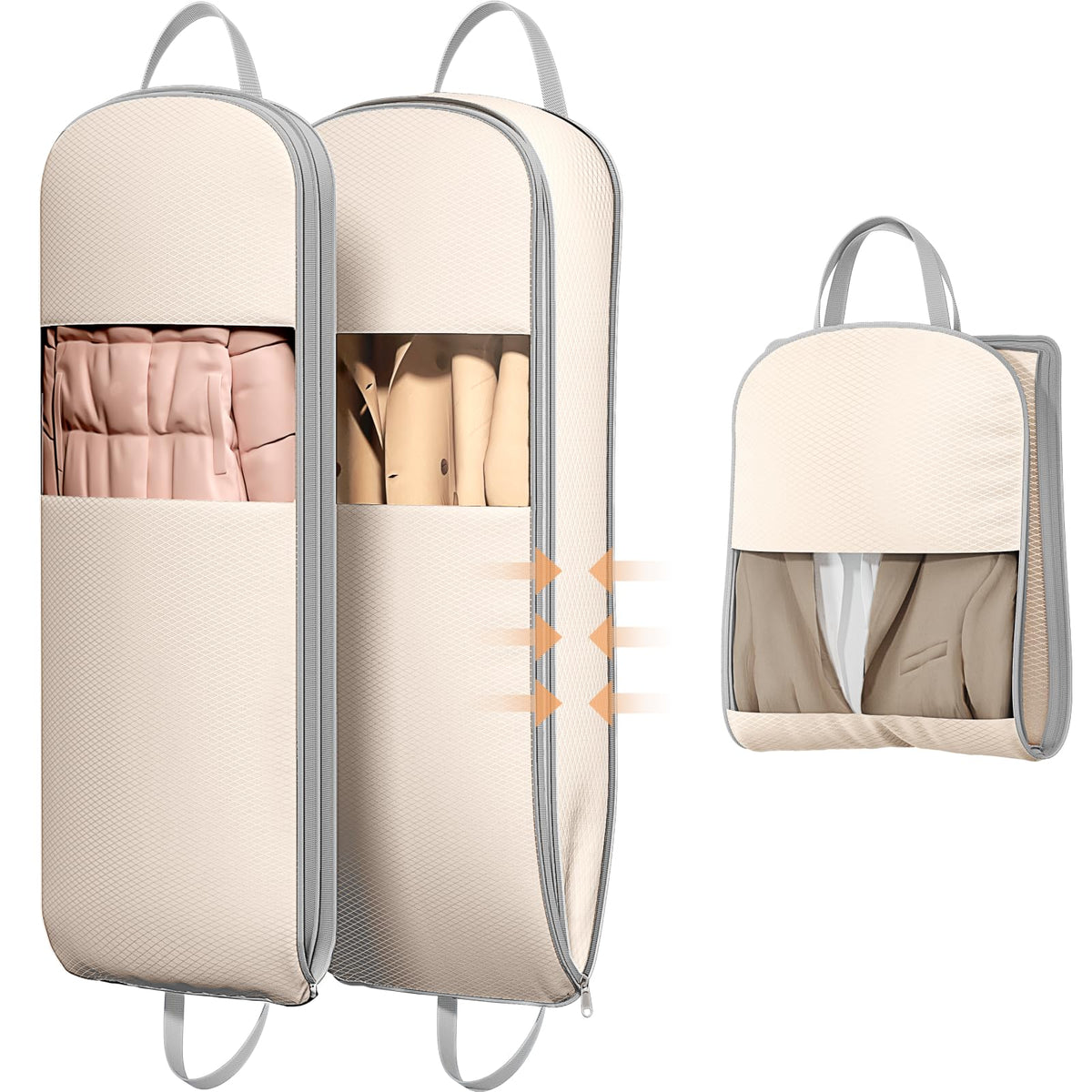 DIMJ 4 Pack 43" Compression Garment Bags for Hanging Clothes With Carry Handles and Window, Space Saving Washable Suit Bag for Dress, Clothes, Coats, Down Jacket, Closet Storage, Moving, Travel