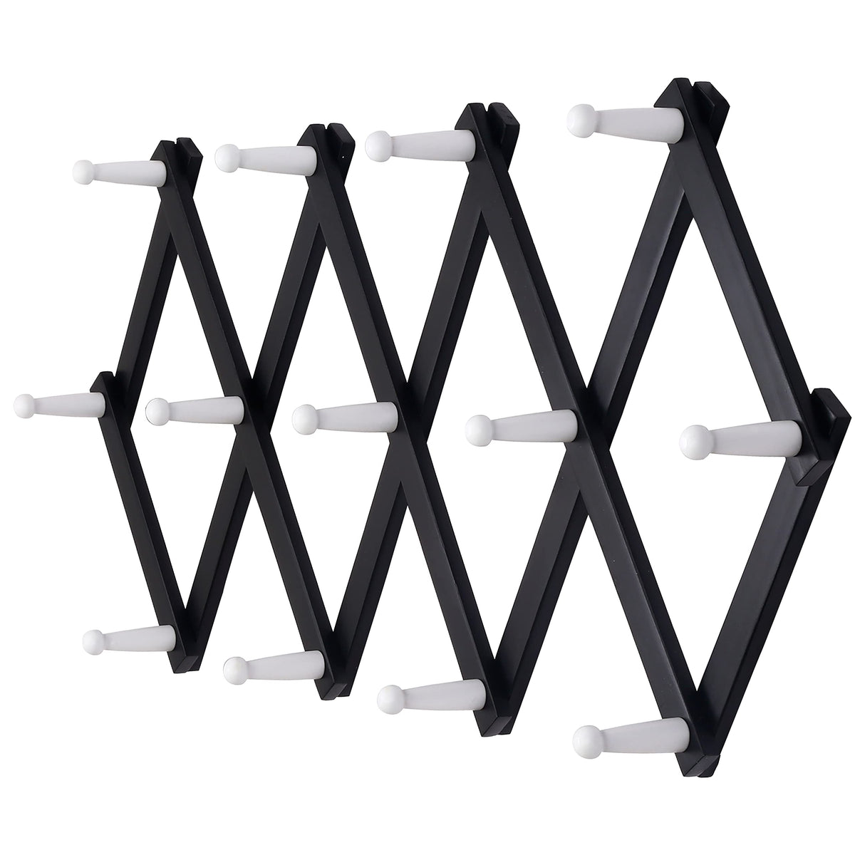 Dseap Accordian Wall Hanger: 16” High Wooden Wall Expandable Coat Rack, Hat Rack Holder, Accordion Hook for Baseball Caps, Coats, Mugs, 13 Peg Hooks, White