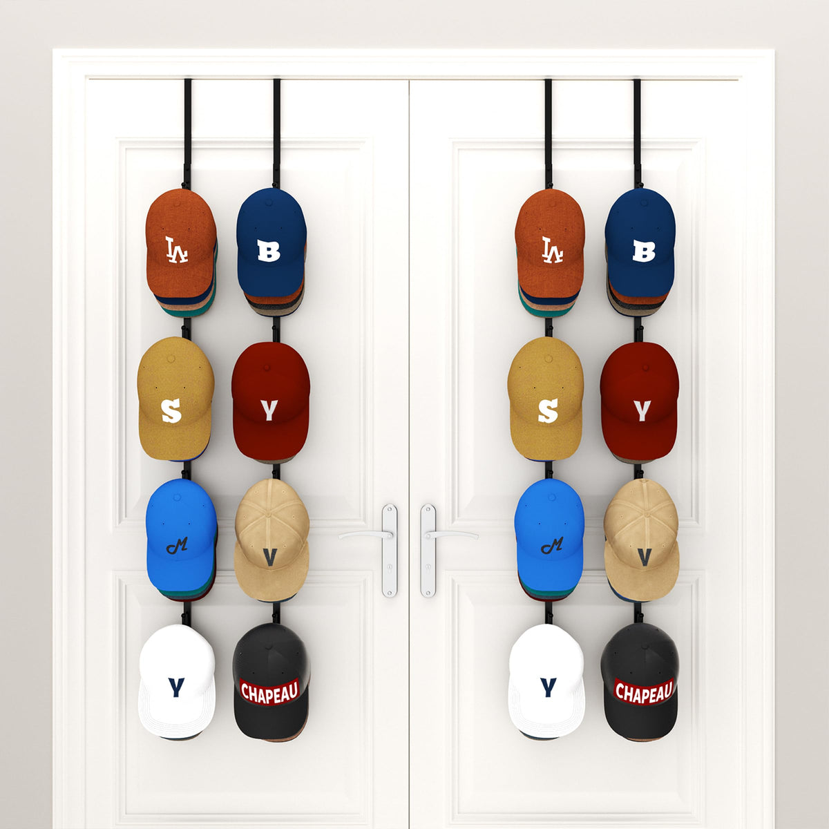 HapiRm Over Door Hat Rack - 2 Packs Hat Organizer with 8 Hooks Design, Hanging Baseball Cap Organizer Storage Holds Up to 40 Caps for Door, Bedroom, Closet (Black)