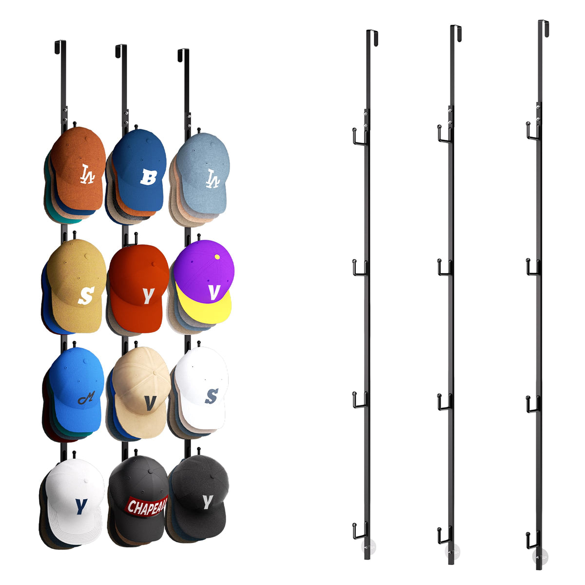 HapiRm Over Door Hat Rack - 2 Packs Hat Organizer with 8 Hooks Design, Hanging Baseball Cap Organizer Storage Holds Up to 40 Caps for Door, Bedroom, Closet (Black)