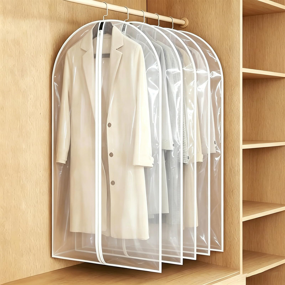 24x55 Inch Garment Bags for Hanging Clothes, Translucent, 5 Pcs Waterproof Suit Covers for Closet Storage, Full Zipper White Dust Proof Garment Bags for Suits, Coats, Dresses and Dance Clothes