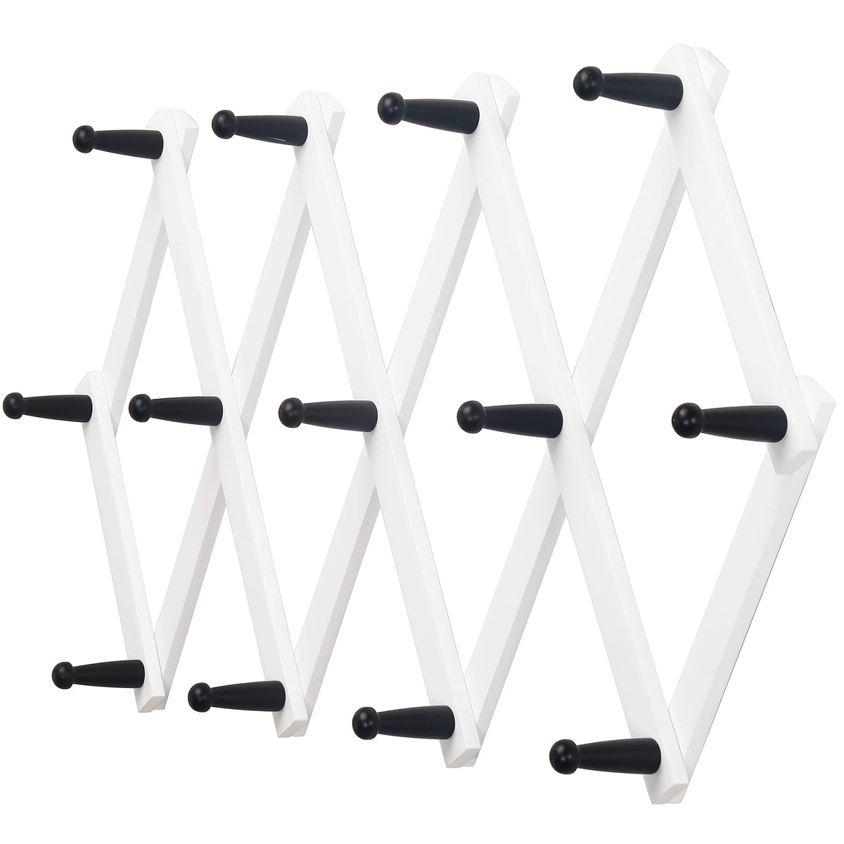 Dseap Accordian Wall Hanger: 16” High Wooden Wall Expandable Coat Rack, Hat Rack Holder, Accordion Hook for Baseball Caps, Coats, Mugs, 13 Peg Hooks, White