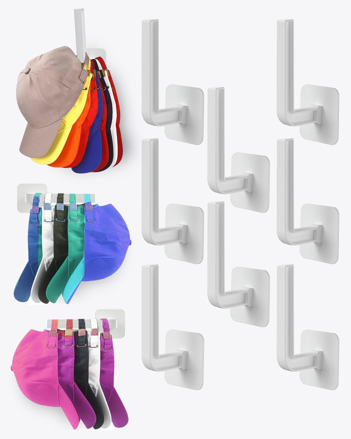 Hat Rack for Hat Storage (4-Pack), Multi-Purpose Hat Organizer, Strong Adhesive Hat Hooks for Wall Organizer for Baseball Caps, Two Mounting Options Hook, Black