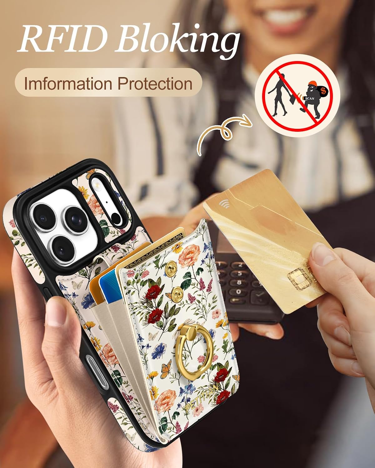 Petitian for iPhone 18 Pro/17 Pro Wallet Case for Women, Vintage Flower