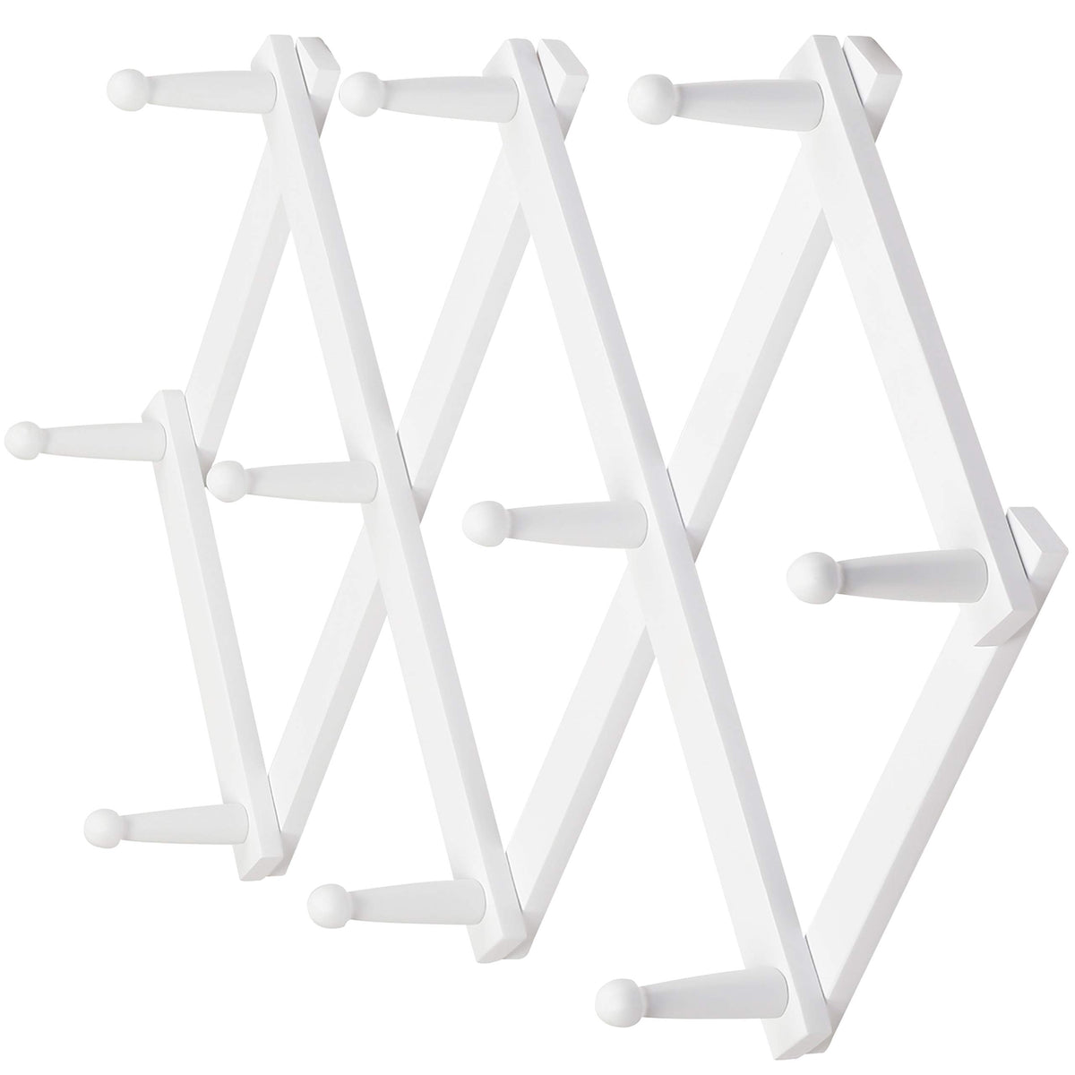 Dseap Accordian Wall Hanger: 16” High Wooden Wall Expandable Coat Rack, Hat Rack Holder, Accordion Hook for Baseball Caps, Coats, Mugs, 13 Peg Hooks, White