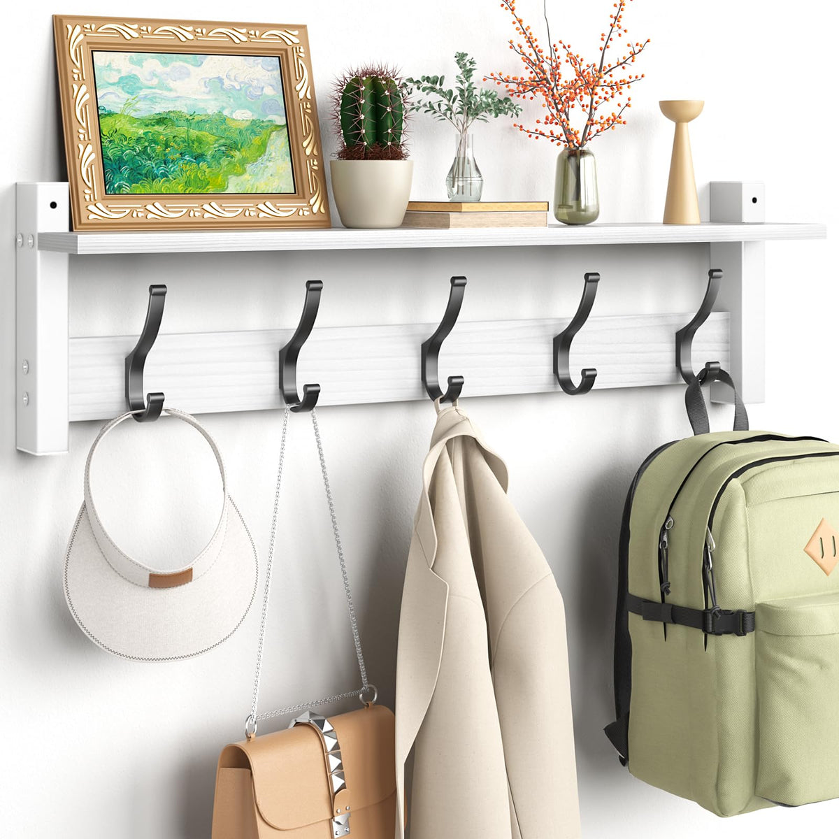 Optish Coat Rack Wall Mount with Shelf, 17.1 Inch Coat Hanger Walls Mounted, Hat Rack for Walls, Shelf with 5 Coat Hooks, Wall Hanger for Entryway (Black)