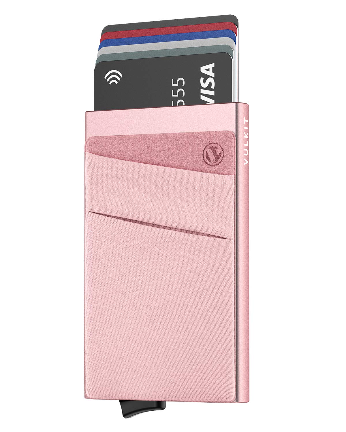 VULKIT Card Holder with Money Pocket Pop Up Wallet RFID Blocking Slim Metal Bank Card Case Holds 5 Cards and Notes