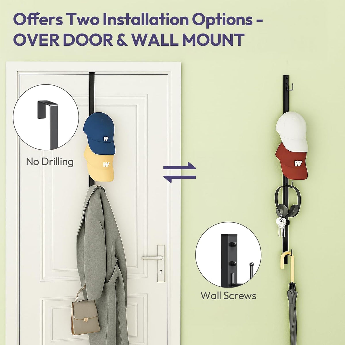 SWTYMIKI Over Door Hat Organizer - 2 Packs Metal Wall Mounted Hat Rack with 16 Hooks Design, Hanging Baseball Cap Organizer Storage Holds up to 32 Caps for Door, Bedroom, Closet
