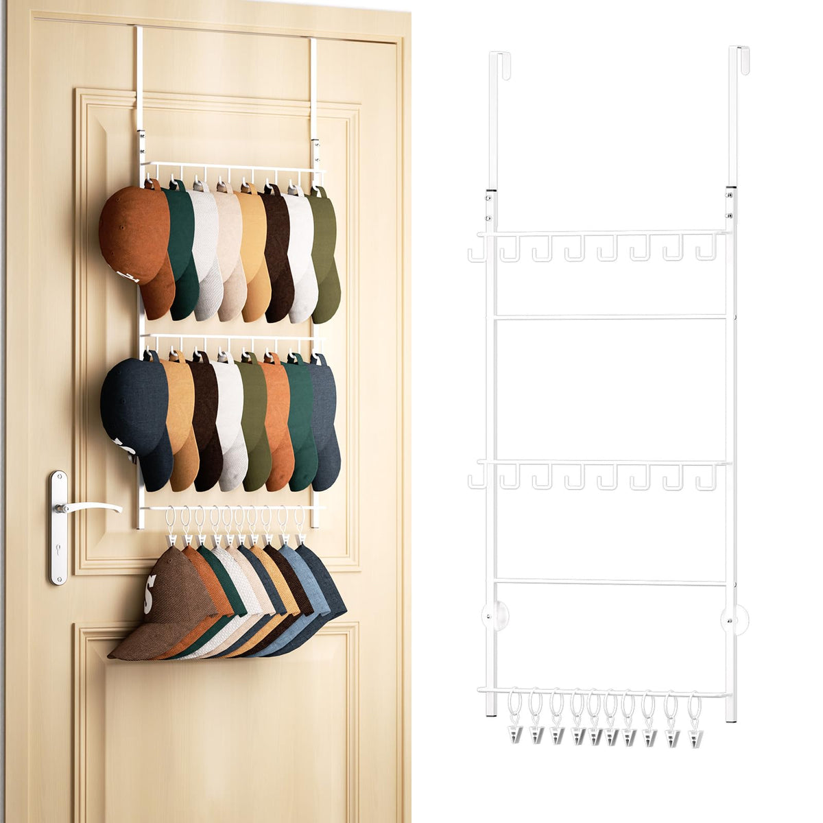 HapiRm Over Door Hat Rack - 3 Tier Wall Mounted Hat Organizer with 16 Hooks and 10 Movable Clips, Baseball Cap Organizer Storage Holds up to 26 Caps for Door, Bedroom, Closet USPTO Patented