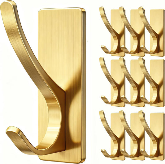 10 Pack Brushed Gold Self Adhesive Coat Hooks for Hanging: 13LB Extra Strong Stainless Double Wall Hook for Towel, Backpack, Hat, Sturdy Metal Hanger for Bathroom, Bedroom, Door, Wall Mounted