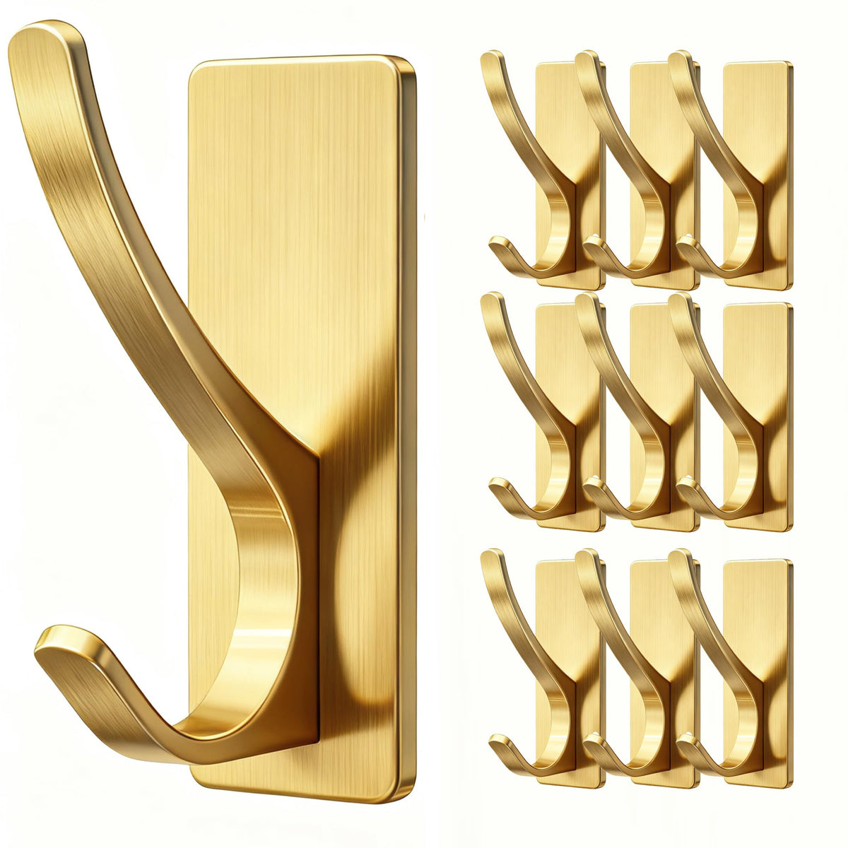 10 Pack Brushed Gold Self Adhesive Coat Hooks for Hanging: 13LB Extra Strong Stainless Double Wall Hook for Towel, Backpack, Hat, Sturdy Metal Hanger for Bathroom, Bedroom, Door, Wall Mounted