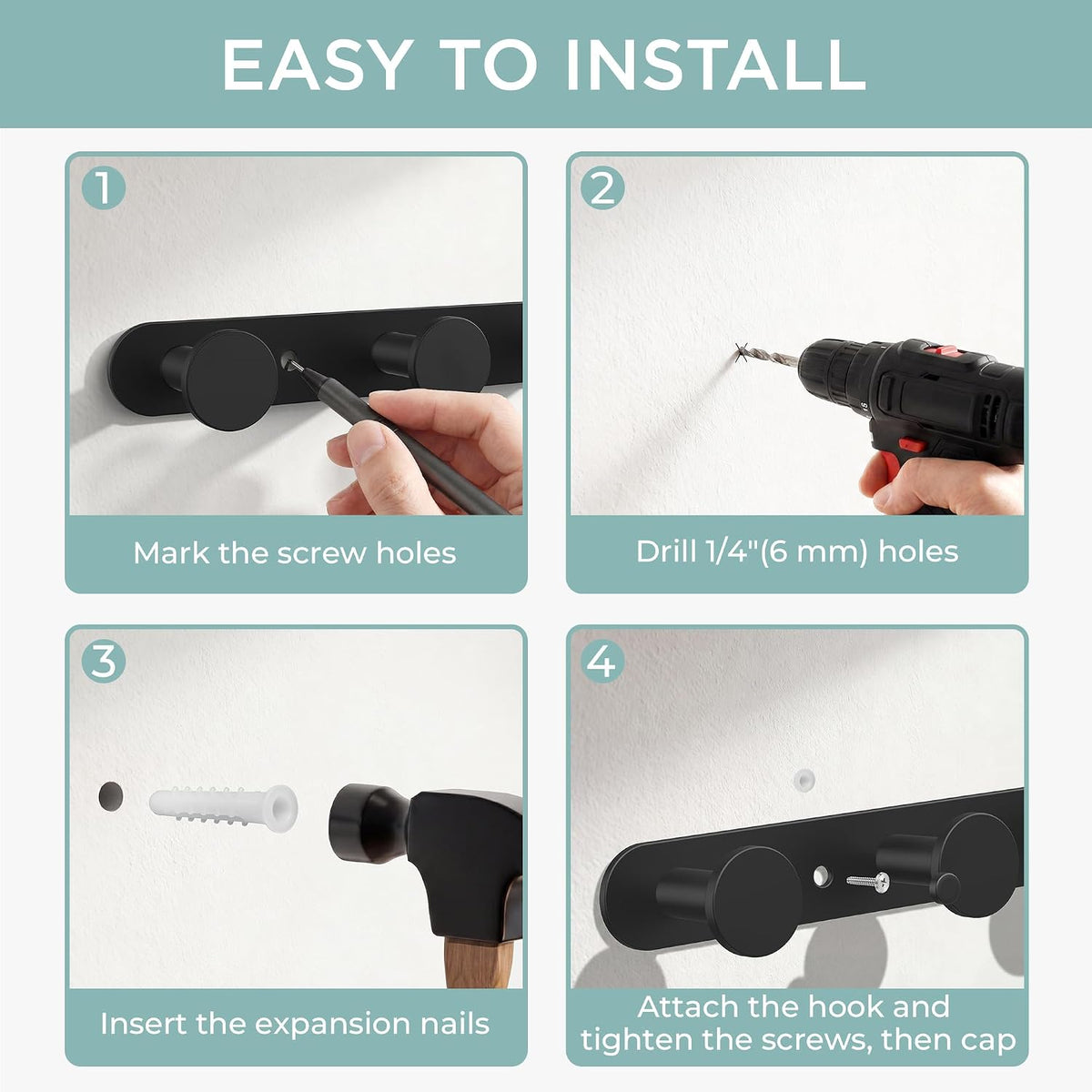 FORIOUS Hat Coat Rack Wall Mounted, 6 Wall Hooks SUS304 for Hanging Black