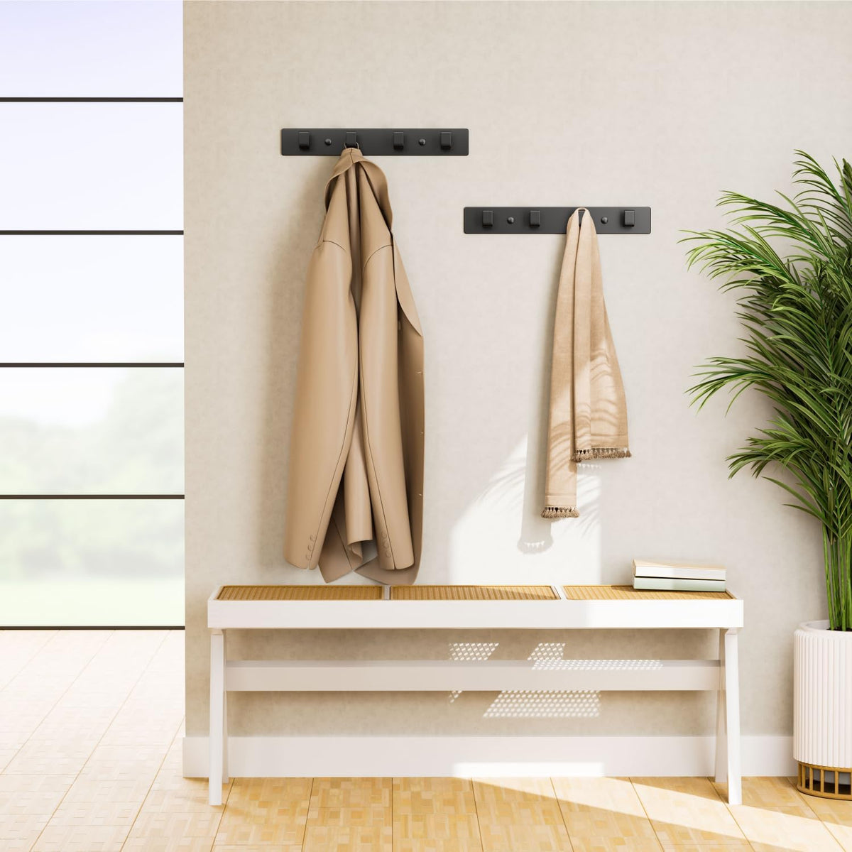 Black Coat Rack Wall Mount - 12.5" Rail with 4 Right-Angle Hooks(1 Pack)