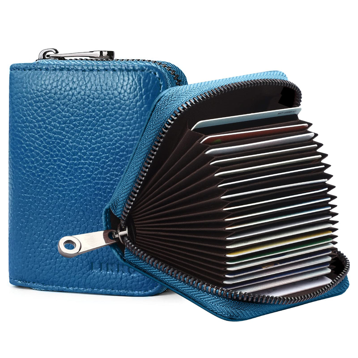 Linno RFID 20 Slots Credit Card Holder Genuine Leather Small Wallet for Women or Men with Zipper