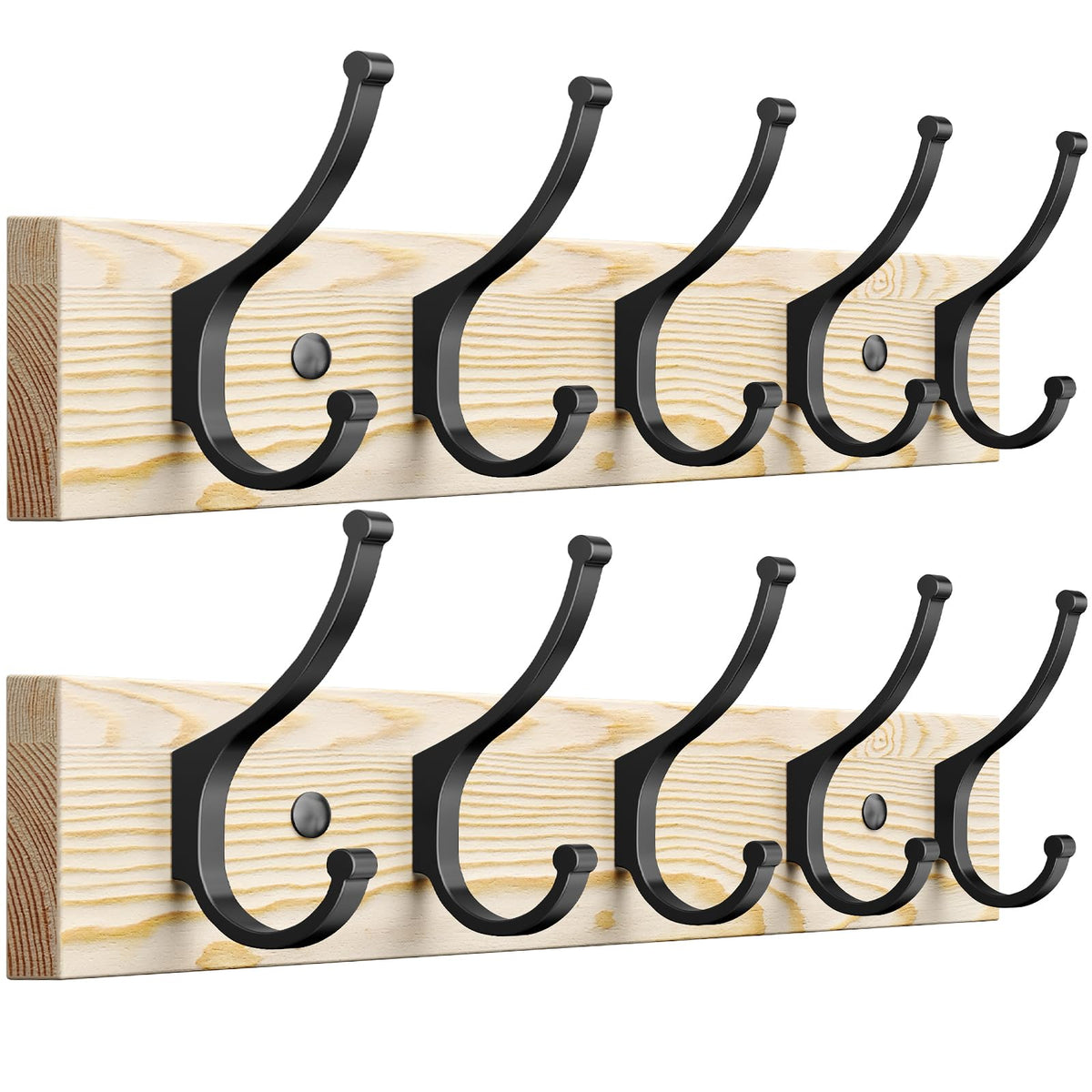 Optish 2 Pack Wooden Coat Rack Wall Mount, 16.1" Rustic Coat Hanger Hooks with 10 Double Hooks, Wall Coat Rack for Hat, Clothes, Bags, Jacket, Brown