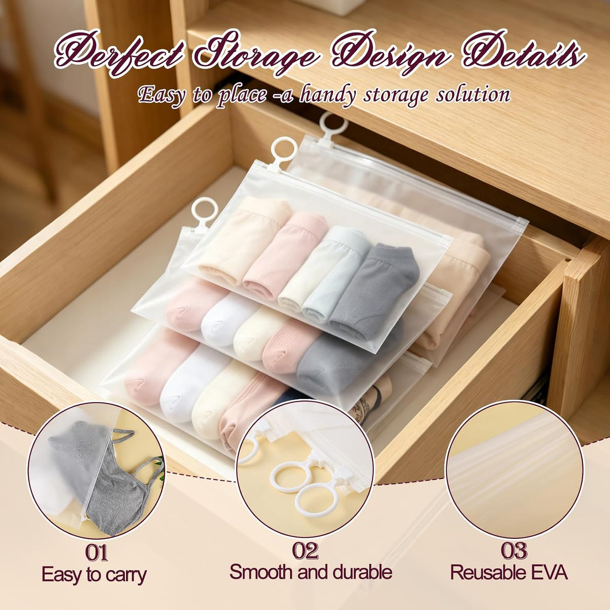 3 Pcs Breathable PEVA Hanging Garment Bags With Sock Pouches
