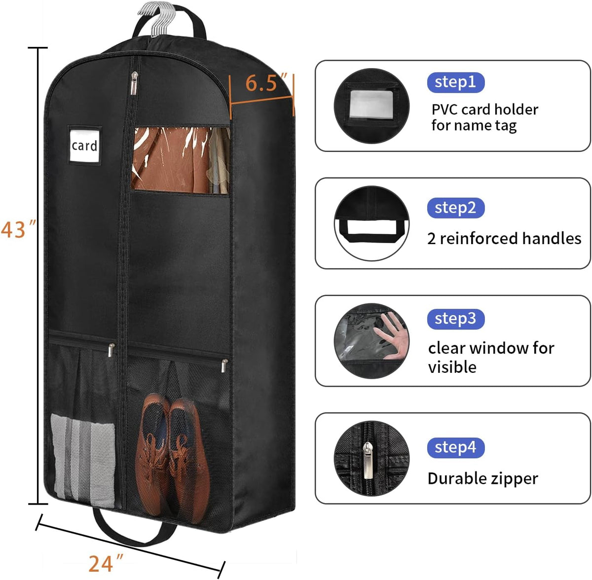 43" Heavy Duty Garment Bags for Travel 6.5" Gusseted Suit Bags for Closet Storage 2 Handles Hanging Clothes Bag with Pocket Mens Suit Cover for Shirts, Coats, Dresses, Suit Holder, 2 Pack