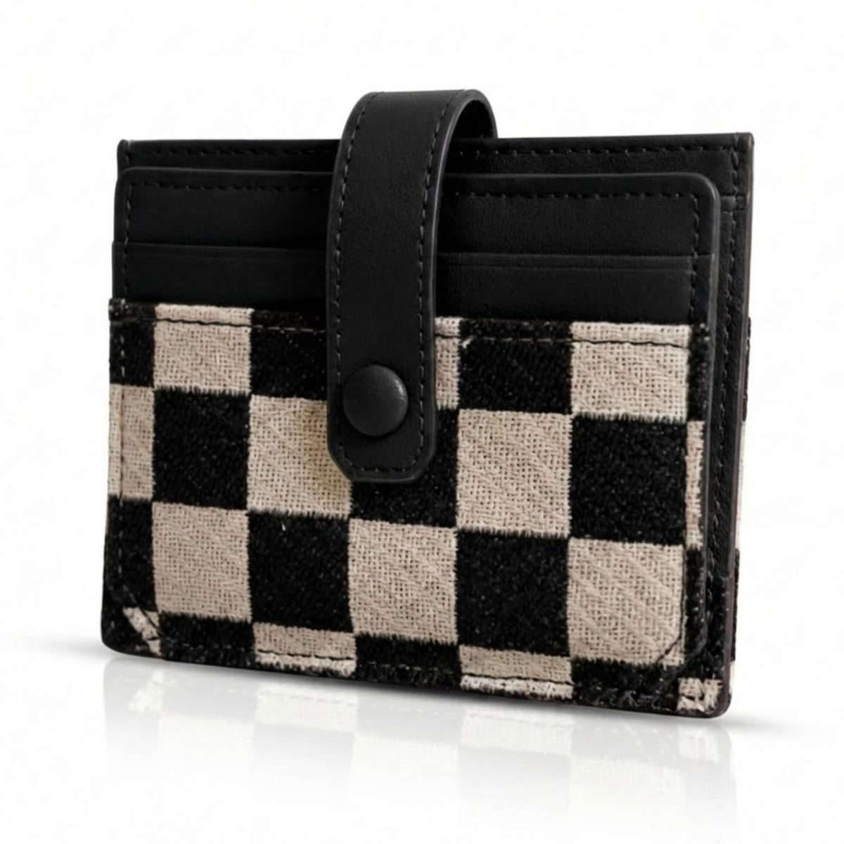 TURBOOST Cute Slim Card Holder Canvas Front Pocket Checkered Wallet, Small Credit Card Case for Women (Black)