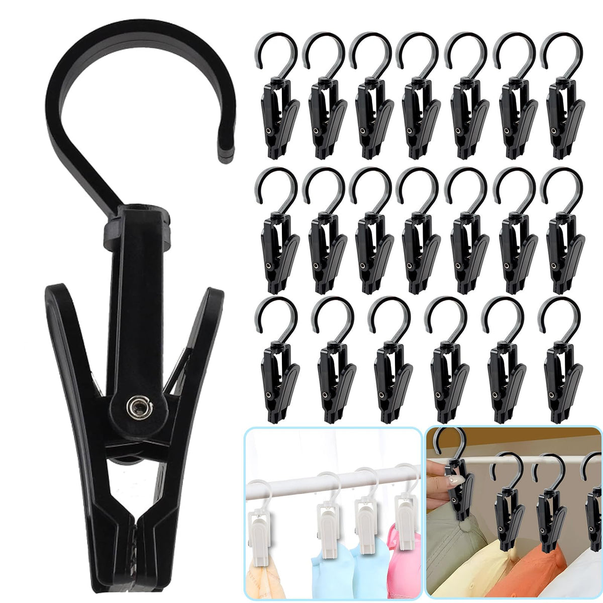 VinBee 20 PCS Laundry Hooks with Clips Super Strong Plastic Home Travel Swivel Hanging Hanger Closet Organizer Clamps Socks Boot Bras Towels for Bathroom Wardrobe Kitchen Office - 4.3 Inches (Black)