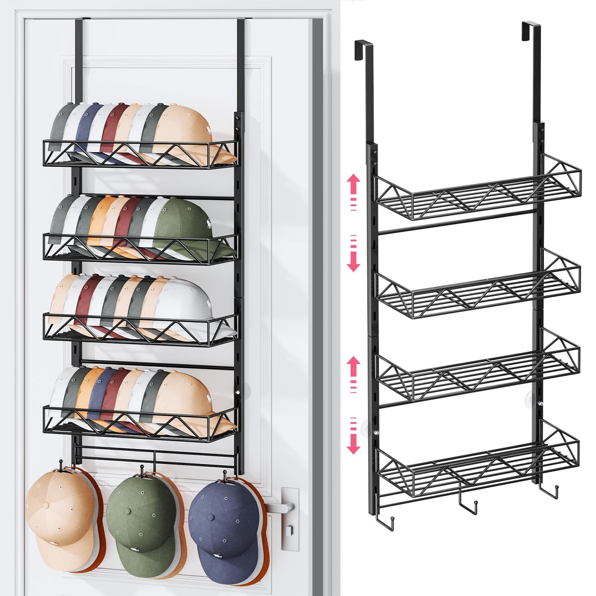SWTYMIKI Over Door Hat Organizer - 3 Tier Wall Mounted Hat Rack with 2 Adjustable Metal Basket and 3 Hooks, Hanging Baseball Cap Organizer Storage Holds up to 29 Caps for Door, Bedroom, Closet