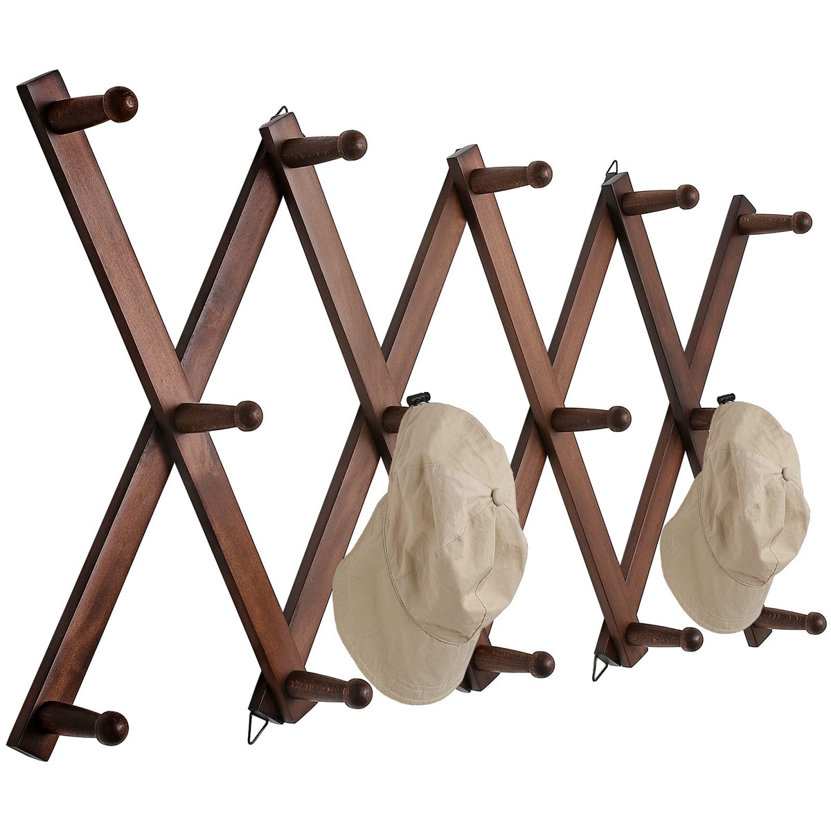 SCUNDA Hat Rack for Wall, Expandable Wall Hat Holder with 16 Hooks, 16 inch Wooden Wall Hook for Baseball Caps,Cowboy, Bag,Hoodie(Brown)