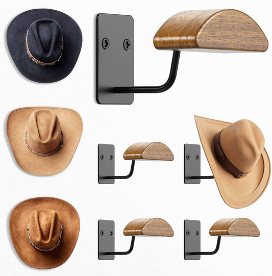 Cowboy Hat Rack for Wall, 4 Pack Natural Wood Cowboy Hat Holder