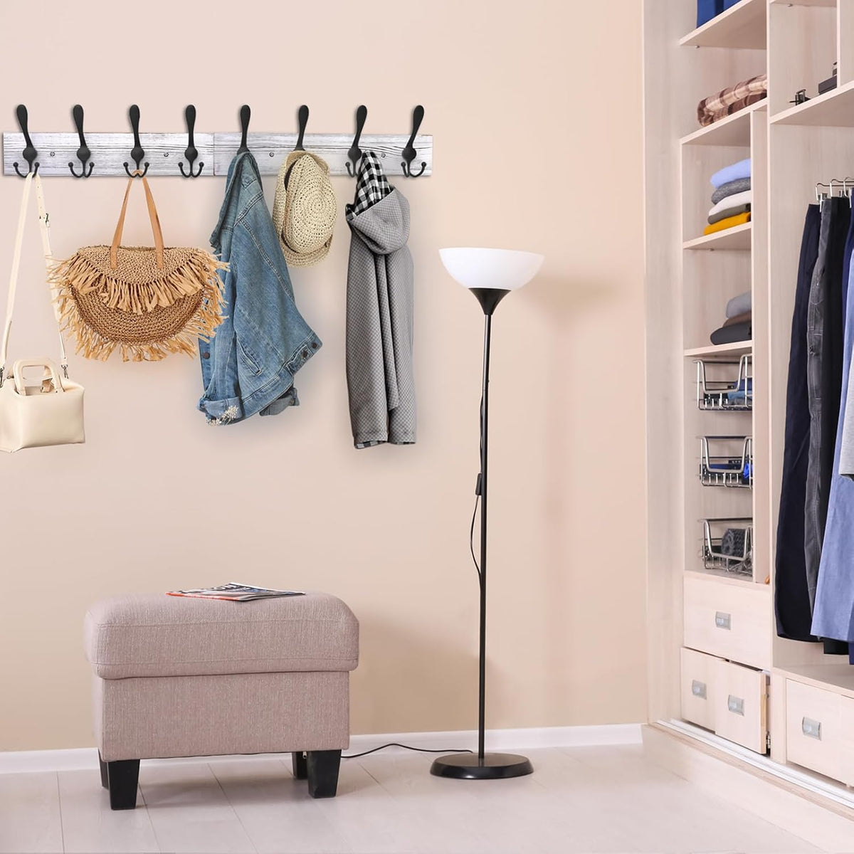 IBosins Wall Mounted Coat Rack, 31.4" Long with 8 Black Rustic Tri-Hooks