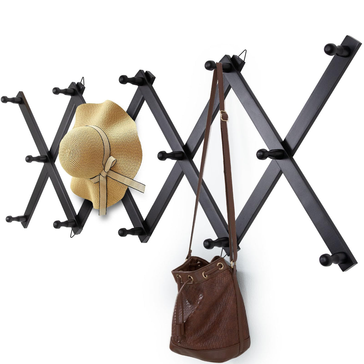 SCUNDA Hat Rack for Wall, Expandable Wall Hat Holder with 16 Hooks, 16 inch Wooden Wall Hook for Baseball Caps,Cowboy, Bag,Hoodie(Brown)