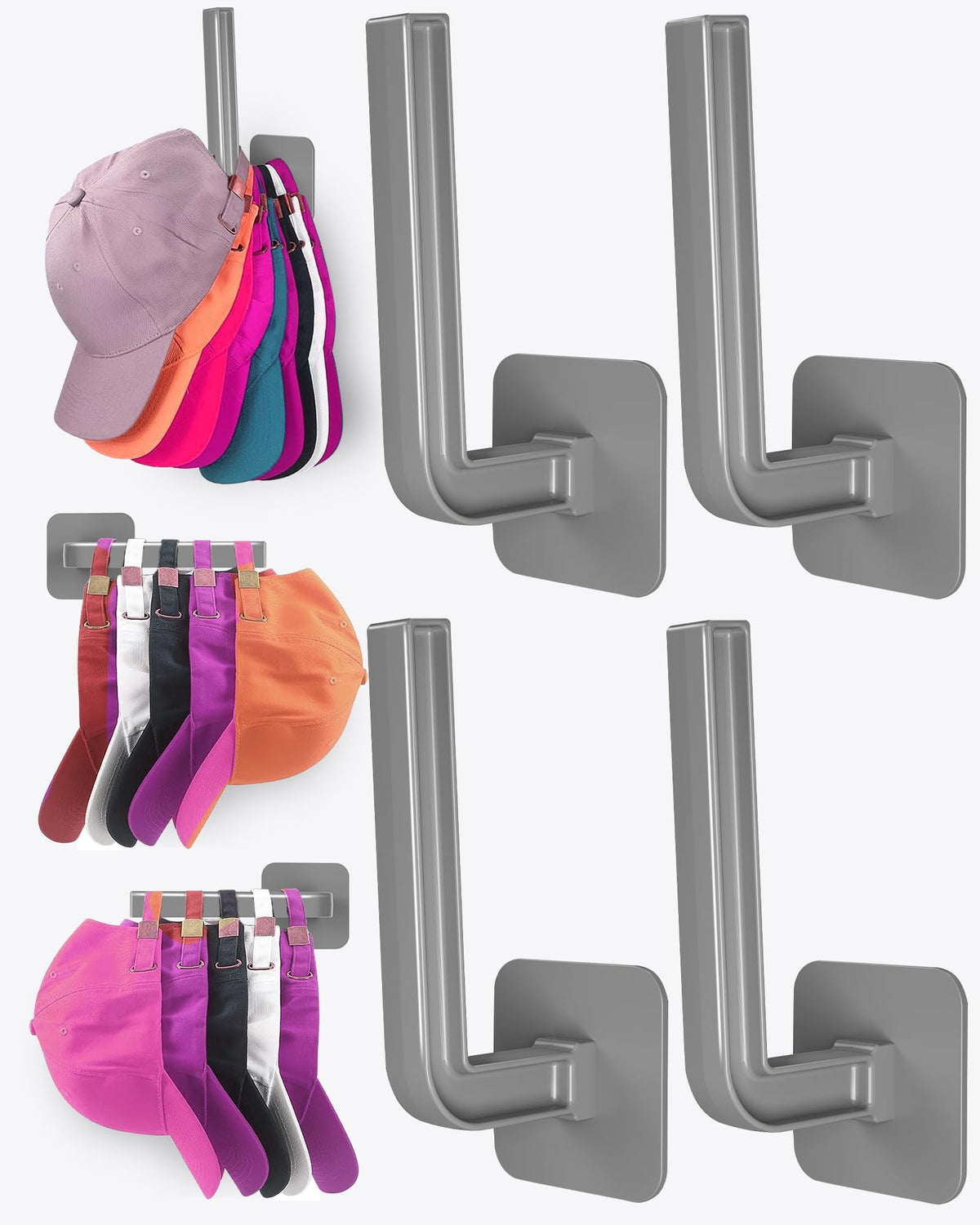 Hat Rack for Hat Storage (4-Pack), Multi-Purpose Hat Organizer, Strong Adhesive Hat Hooks for Wall Organizer for Baseball Caps, Two Mounting Options Hook, White