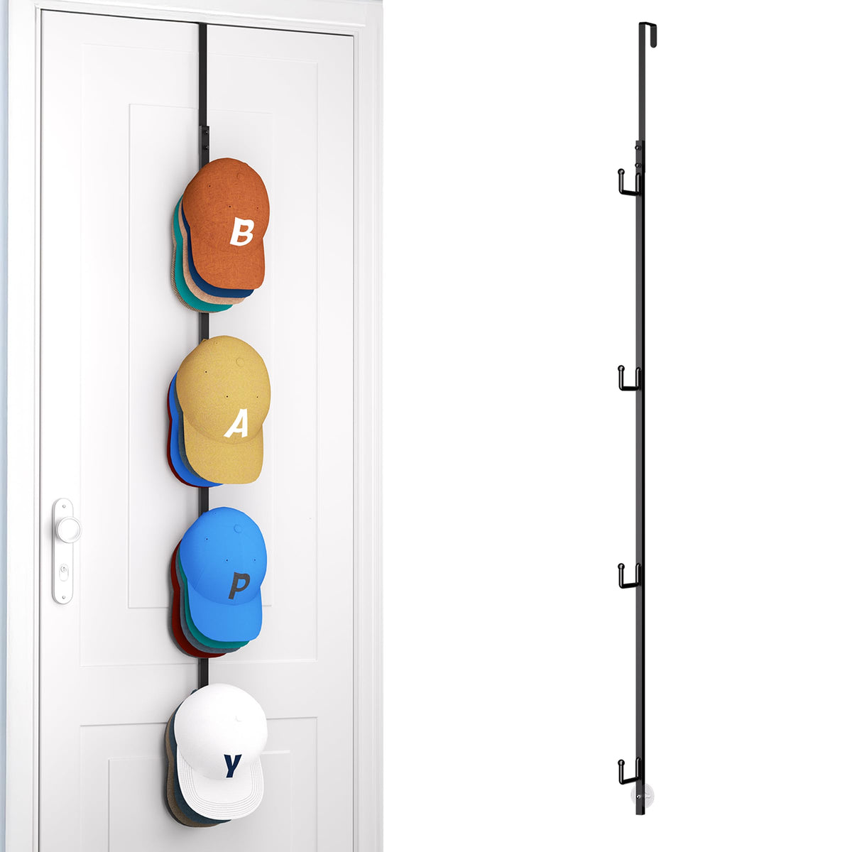 HapiRm Over Door Hat Rack - 2 Packs Hat Organizer with 8 Hooks Design, Hanging Baseball Cap Organizer Storage Holds Up to 40 Caps for Door, Bedroom, Closet (Black)