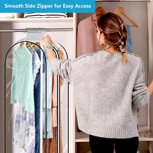 60" Clear Clothes Hangers with Smooth Side Zipper, 10" Gusseted Waterproof Garment Bags for Shirts, Coats, Dresses, Suits, 4 Pack