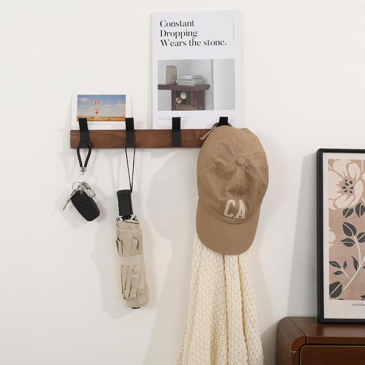 Coat Rack Wall Mount - 15.7 Inches Walnut Wood Coat Hooks Coat Rack Wall Mount with 4 Hooks Black Aluminum Coat Hooks for Hanging Coat Hat Bag Hat Rustproof Coat Hanger
