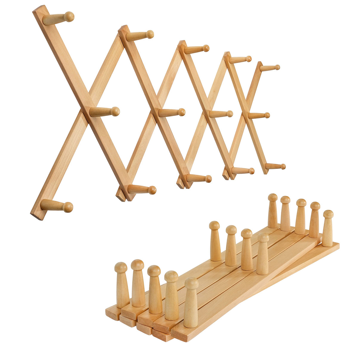 SKOLOO Hat Rack for Wall with 14 Hooks, Solid Wooden, Modern, Expandable Coat Rack Wall Mount for Coats, Hats, Bags, Baseball Caps, Natural Color