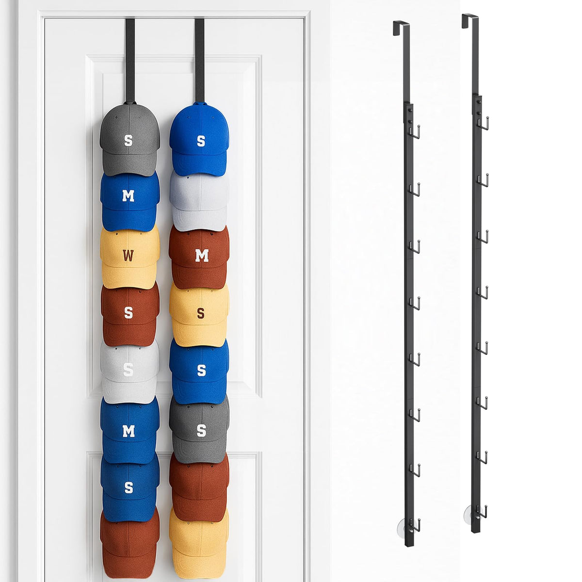 SWTYMIKI Over Door Hat Organizer - 2 Packs Metal Wall Mounted Hat Rack with 16 Hooks Design, Hanging Baseball Cap Organizer Storage Holds up to 32 Caps for Door, Bedroom, Closet