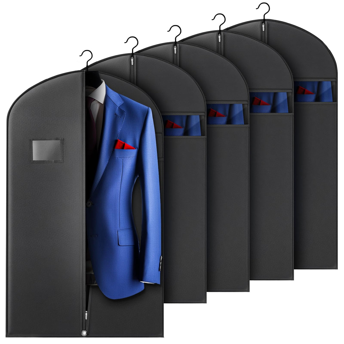 Hleelomi 5 Pack 40-inch Suit Bag Garment Bag for Travel and Storage, Garment Bags for Hanging Clothes with Zipper and Visible Transparent Window, Black