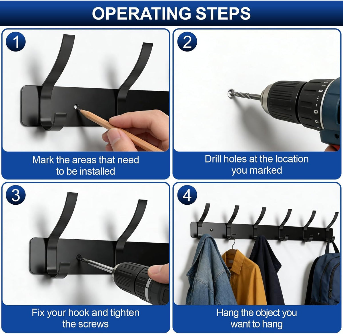 Wall Mounted Coat Rack, 6 Hooks for Hanging Clothes, Black, 2-Pack