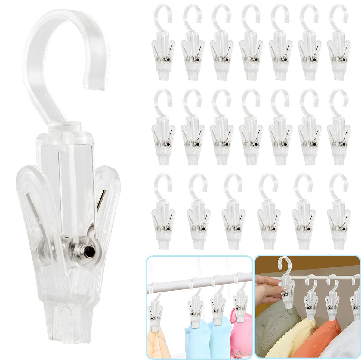 VinBee 20 PCS Laundry Hooks with Clips Super Strong Plastic Home Travel Swivel Hanging Hanger Closet Organizer Clamps Socks Boot Bras Towels for Bathroom Wardrobe Kitchen Office - 4.3 Inches (Black)