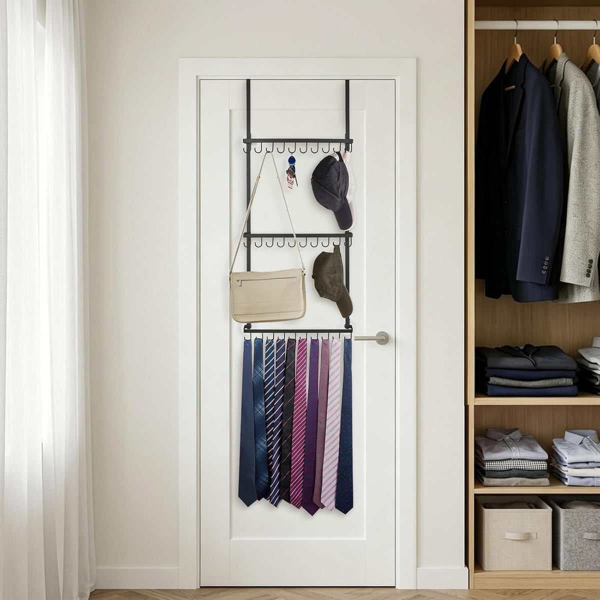 Mkono Over Door Hat Organizer for Baseball Caps, Hat Rack with 30 Hooks
